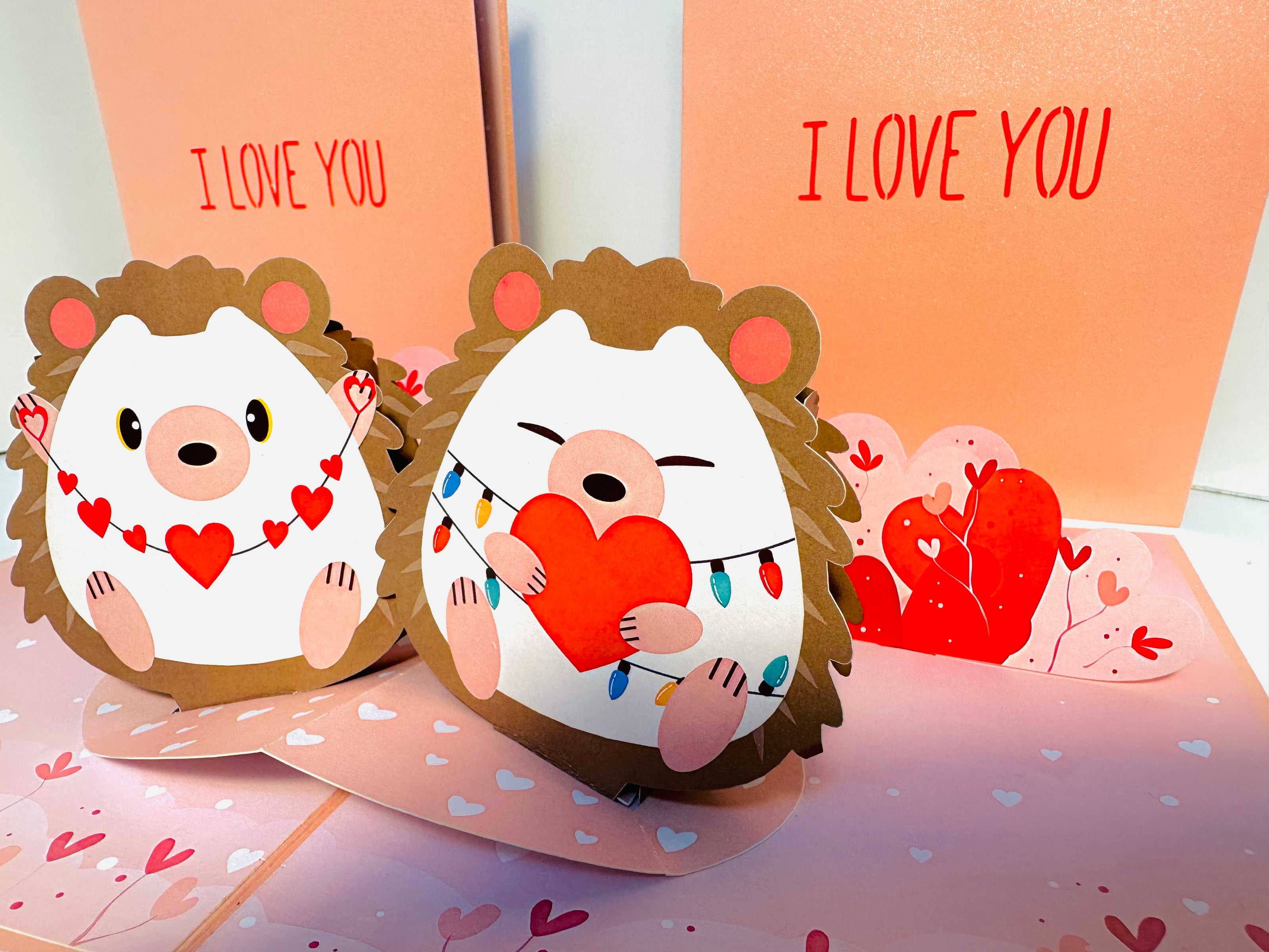 I LOVE YOU - Adorable Hedgehog Couple in Love 3D POP UP GREETING CARD - Created by Origami Pop Cards Australian Design & Handmade 3D Pop Up Magical Paper Cards, Handmade Pop Up Cards Happy Valentine's Day Celebrate Love Heart Fell and Romantic