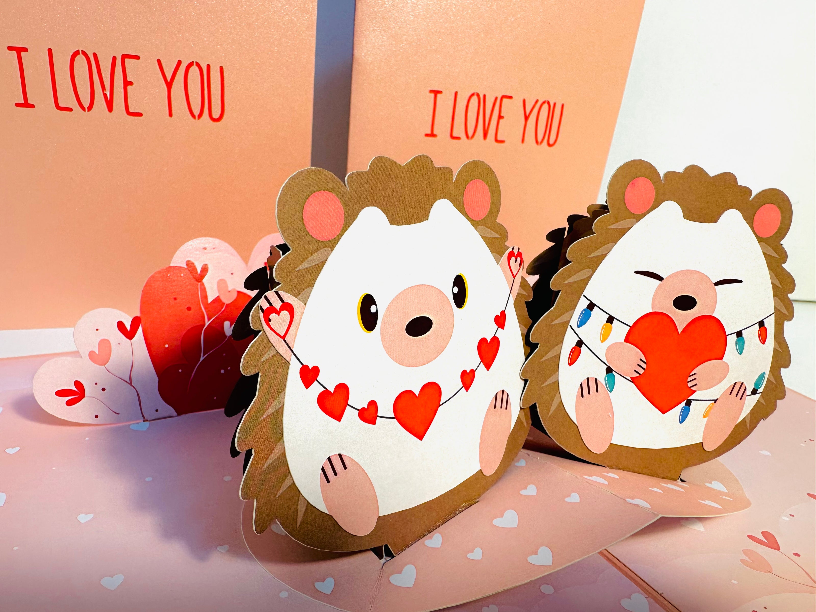 I LOVE YOU - Adorable Hedgehog Couple in Love 3D POP UP GREETING CARD - Created by Origami Pop Cards Australian Design & Handmade 3D Pop Up Magical Paper Cards, Handmade Pop Up Cards Happy Valentine's Day Celebrate Love Heart Fell and Romantic