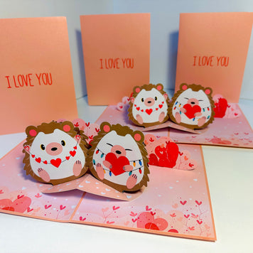 I LOVE YOU - Adorable Hedgehog Couple in Love 3D POP UP GREETING CARD - Created by Origami Pop Cards Australian Design & Handmade 3D Pop Up Magical Paper Cards, Handmade Pop Up Cards Happy Valentine's Day Celebrate Love Heart Fell and Romantic