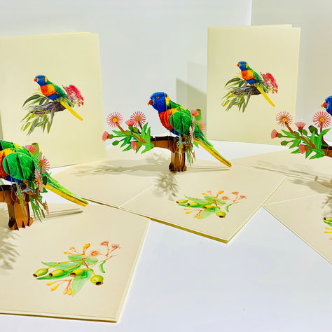 Rainbow Lorikeet Parrot Australian Bird with Native Gum Pink Blossom Wildflower Origami Pop Cards 3D Pop Up Greeting Card Happy Birthday Thank You Handmade Gift Thinking of You Blank Card for Any Occasion Happy Mother's Day Happy Father's