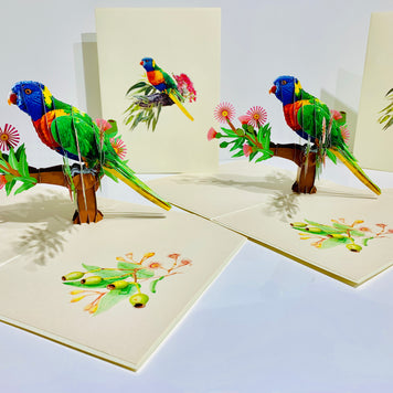 Rainbow Lorikeet Parrot Australian Bird with Native Gum Pink Blossom Wildflower Origami Pop Cards 3D Pop Up Greeting Card Happy Birthday Thank You Handmade Gift Thinking of You Blank Card for Any Occasion Happy Mother's Day Happy Father's