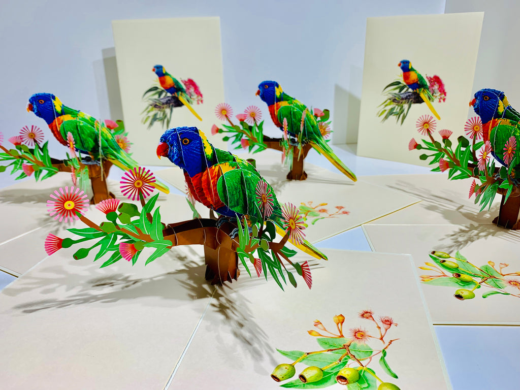Rainbow Lorikeet Parrot Australian Bird with Native Gum Pink Blossom Wildflower Origami Pop Cards 3D Pop Up Greeting Card Happy Birthday Thank You Handmade Gift Thinking of You Blank Card for Any Occasion Happy Mother's Day Happy Father's