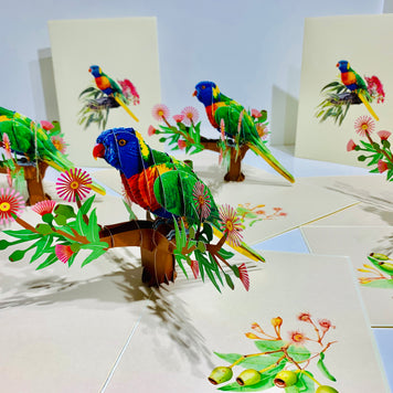 Rainbow Lorikeet Parrot Australian Bird with Native Gum Pink Blossom Wildflower Origami Pop Cards 3D Pop Up Greeting Card Happy Birthday Thank You Handmade Gift Thinking of You Blank Card for Any Occasion Happy Mother's Day Happy Father's