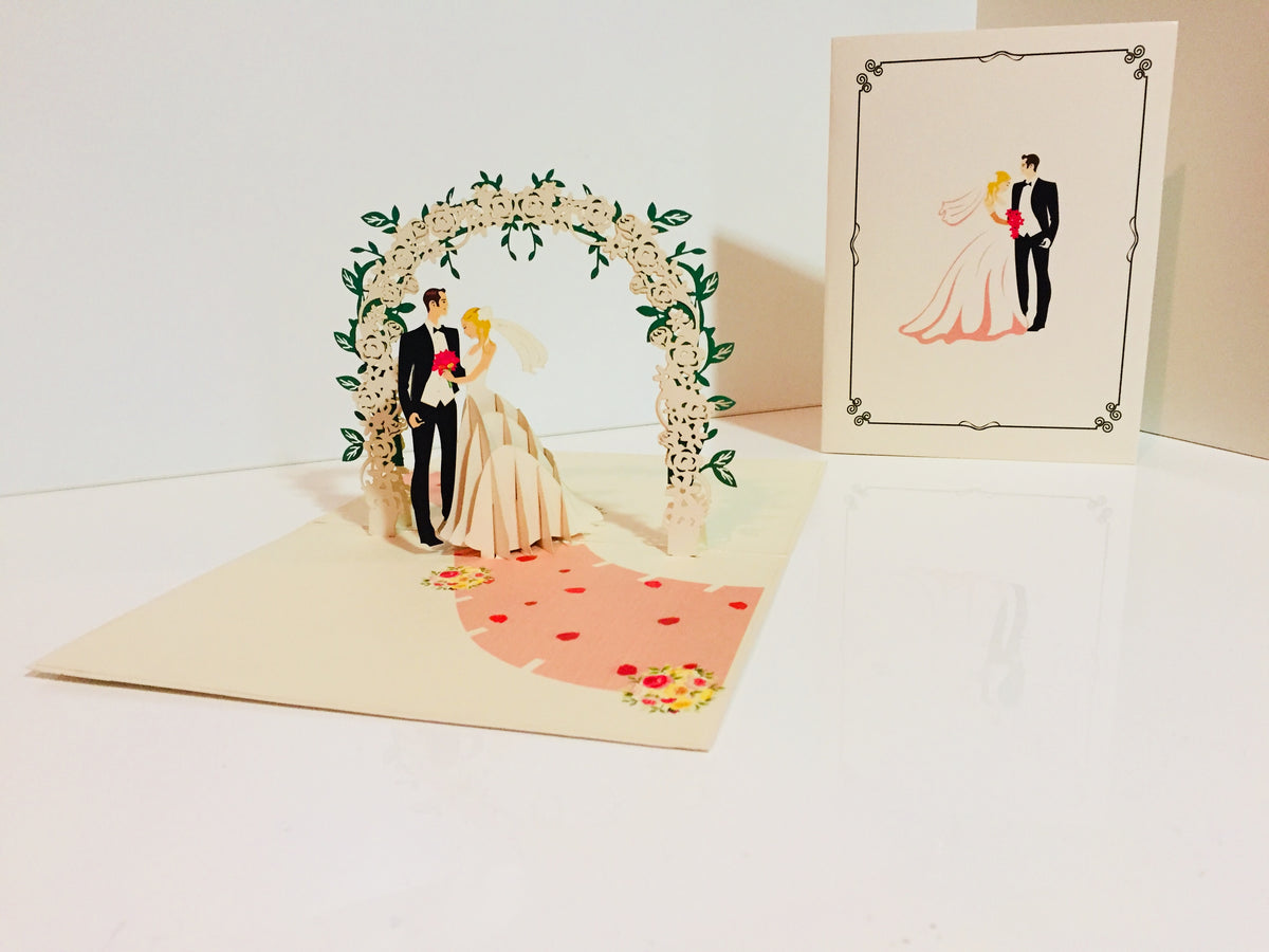 Western Style - Metallic Ivory Wedding Classic under White Rose Arbor Created by Origami Pop Cards – 3D Pop Up Greeting Cards, Australian Design & Handmade, 3D Pop Up Magical Paper Cards, Handmade Pop Up Cards Celebrate Love Anniversary