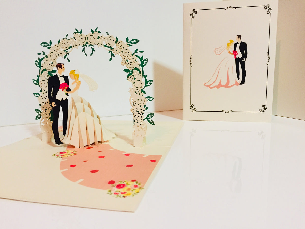 Western Style - Metallic Ivory Wedding Classic under White Rose Arbor Created by Origami Pop Cards – 3D Pop Up Greeting Cards, Australian Design & Handmade, 3D Pop Up Magical Paper Cards, Handmade Pop Up Cards Celebrate Love Anniversary
