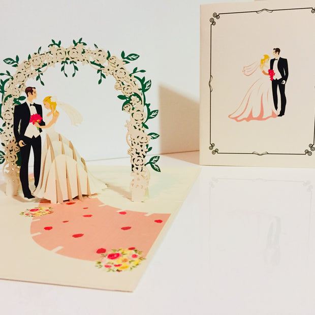 Western Style - Metallic Ivory Wedding Classic under White Rose Arbor Created by Origami Pop Cards – 3D Pop Up Greeting Cards, Australian Design & Handmade, 3D Pop Up Magical Paper Cards, Handmade Pop Up Cards Celebrate Love Anniversary