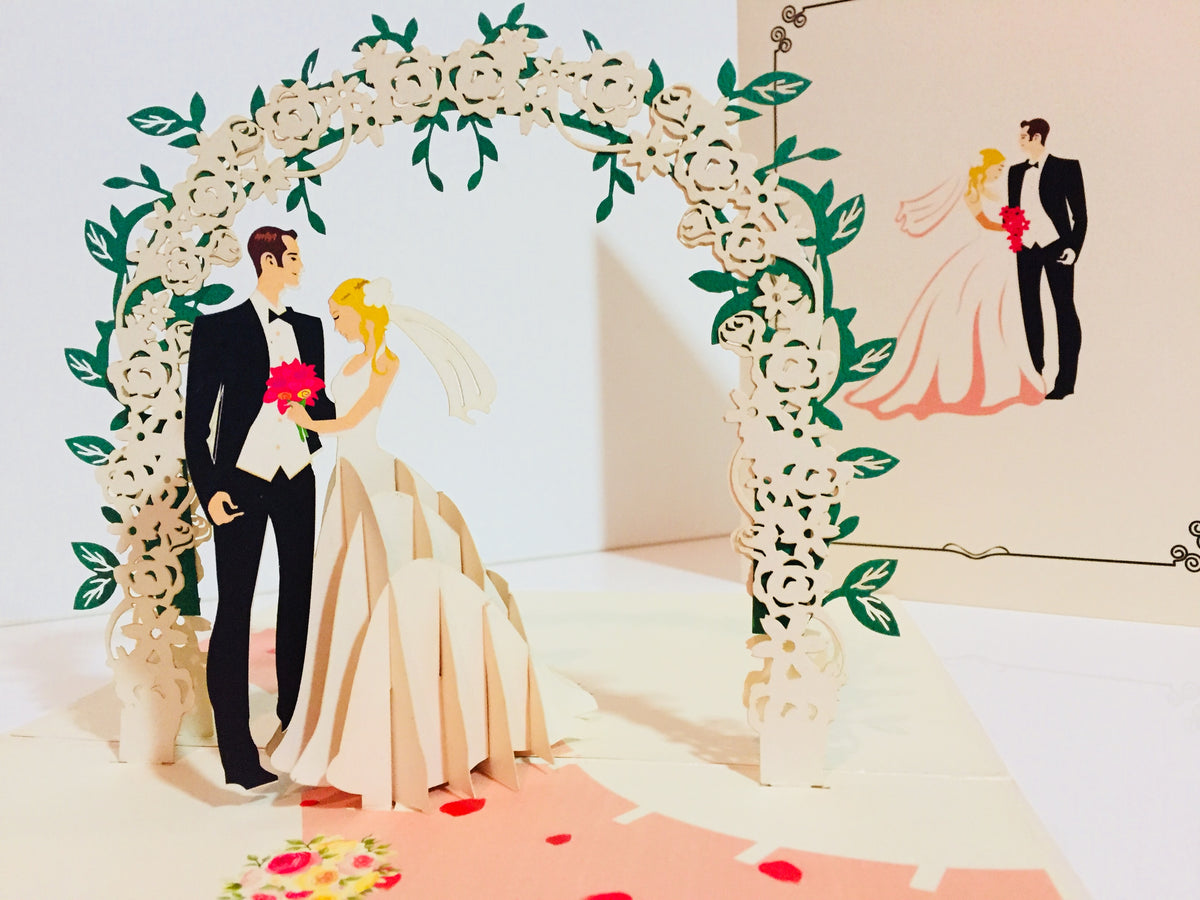 Western Style - Metallic Ivory Wedding Classic under White Rose Arbor Created by Origami Pop Cards – 3D Pop Up Greeting Cards, Australian Design & Handmade, 3D Pop Up Magical Paper Cards, Handmade Pop Up Cards Celebrate Love Anniversary