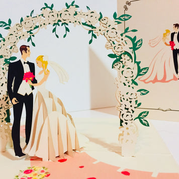 Western Style - Metallic Ivory Wedding Classic under White Rose Arbor Created by Origami Pop Cards – 3D Pop Up Greeting Cards, Australian Design & Handmade, 3D Pop Up Magical Paper Cards, Handmade Pop Up Cards Celebrate Love Anniversary