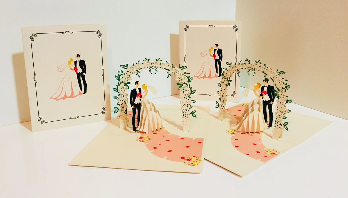 Western Style - Metallic Ivory Wedding Classic under White Rose Arbor Created by Origami Pop Cards – 3D Pop Up Greeting Cards, Australian Design & Handmade, 3D Pop Up Magical Paper Cards, Handmade Pop Up Cards Celebrate Love Anniversary