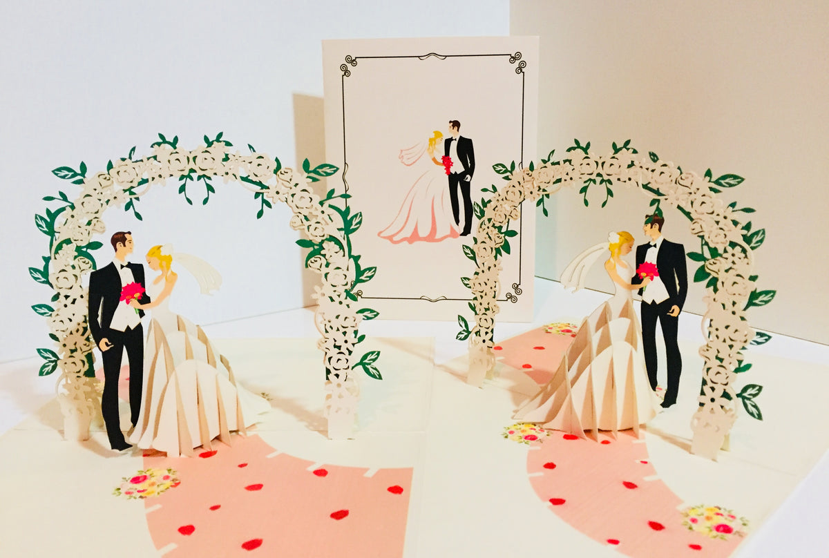 Western Style - Metallic Ivory Wedding Classic under White Rose Arbor Created by Origami Pop Cards – 3D Pop Up Greeting Cards, Australian Design & Handmade, 3D Pop Up Magical Paper Cards, Handmade Pop Up Cards Celebrate Love Anniversary