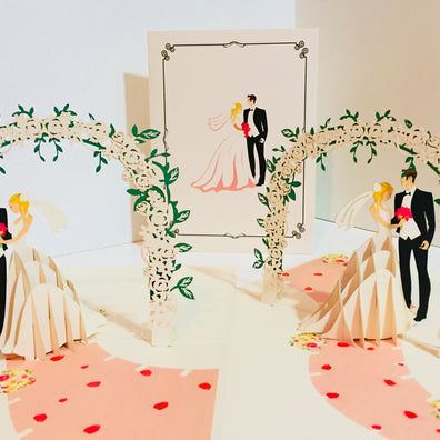 Western Style - Metallic Ivory Wedding Classic under White Rose Arbor Created by Origami Pop Cards – 3D Pop Up Greeting Cards, Australian Design & Handmade, 3D Pop Up Magical Paper Cards, Handmade Pop Up Cards Celebrate Love Anniversary