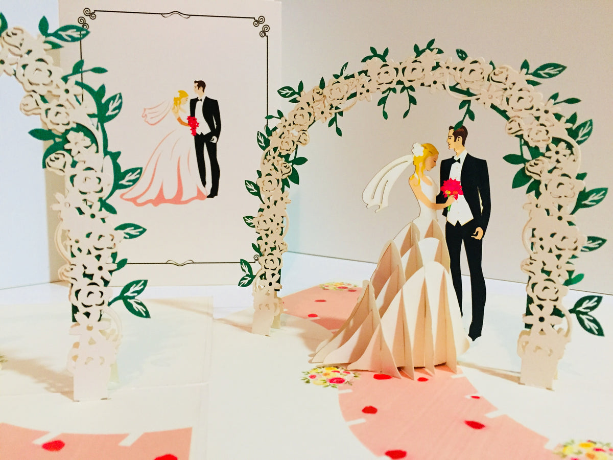 Western Style - Metallic Ivory Wedding Classic under White Rose Arbor Created by Origami Pop Cards – 3D Pop Up Greeting Cards, Australian Design & Handmade, 3D Pop Up Magical Paper Cards, Handmade Pop Up Cards Celebrate Love Anniversary