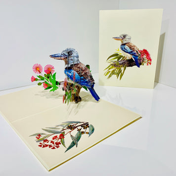 Laughing Kookaburra Australian Bird with Native Pink Gumnut Blossom Wildflower Origami Pop Cards 3D Pop Up Greeting Card Happy Birthday Thank You Handmade Gift Thinking of You Blank Card for Any Occasion Happy Mother's Day Happy Father's Australiana