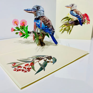 Laughing Kookaburra Australian Bird with Native Pink Gumnut Blossom Wildflower Origami Pop Cards 3D Pop Up Greeting Card Happy Birthday Thank You Handmade Gift Thinking of You Blank Card for Any Occasion Happy Mother's Day Happy Father's Australiana