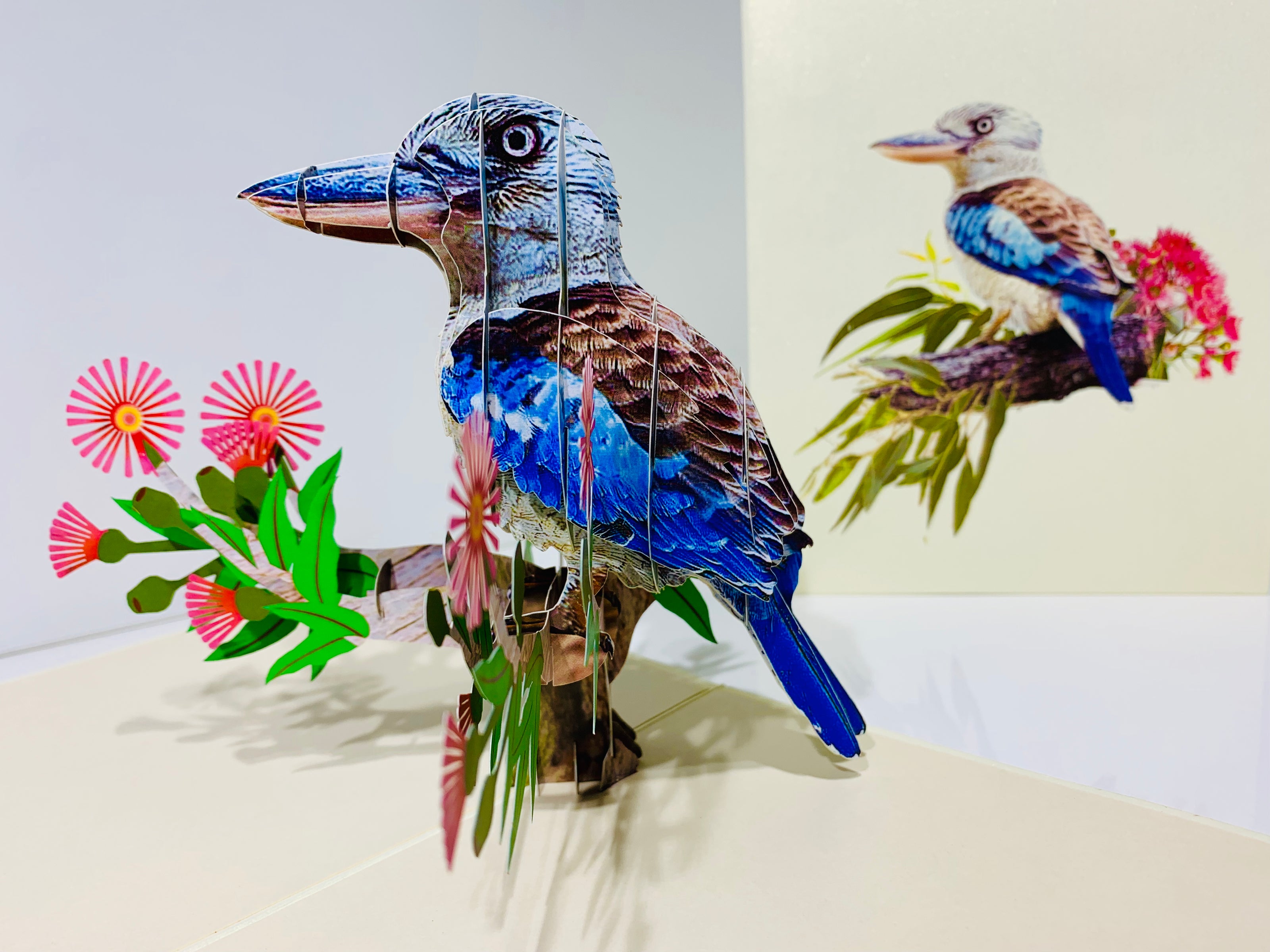 Laughing Kookaburra Australian Bird with Native Pink Gumnut Blossom Wildflower Origami Pop Cards 3D Pop Up Greeting Card Happy Birthday Thank You Handmade Gift Thinking of You Blank Card for Any Occasion Happy Mother's Day Happy Father's Australiana