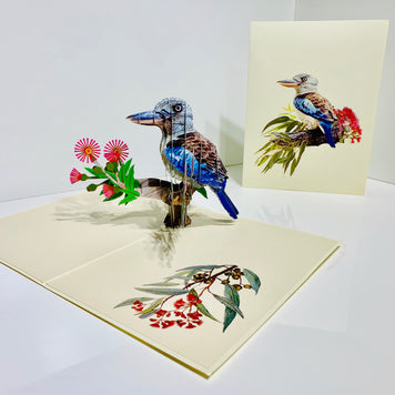 Laughing Kookaburra Australian Bird with Native Pink Gumnut Blossom Wildflower Origami Pop Cards 3D Pop Up Greeting Card Happy Birthday Thank You Handmade Gift Thinking of You Blank Card for Any Occasion Happy Mother's Day Happy Father's Australiana