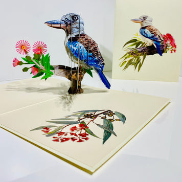 Laughing Kookaburra Australian Bird with Native Pink Gumnut Blossom Wildflower Origami Pop Cards 3D Pop Up Greeting Card Happy Birthday Thank You Handmade Gift Thinking of You Blank Card for Any Occasion Happy Mother's Day Happy Father's Australiana