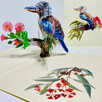 Laughing Kookaburra Australian Bird with Native Pink Gumnut Blossom Wildflower Origami Pop Cards 3D Pop Up Greeting Card Happy Birthday Thank You Handmade Gift Thinking of You Blank Card for Any Occasion Happy Mother's Day Happy Father's Australiana
