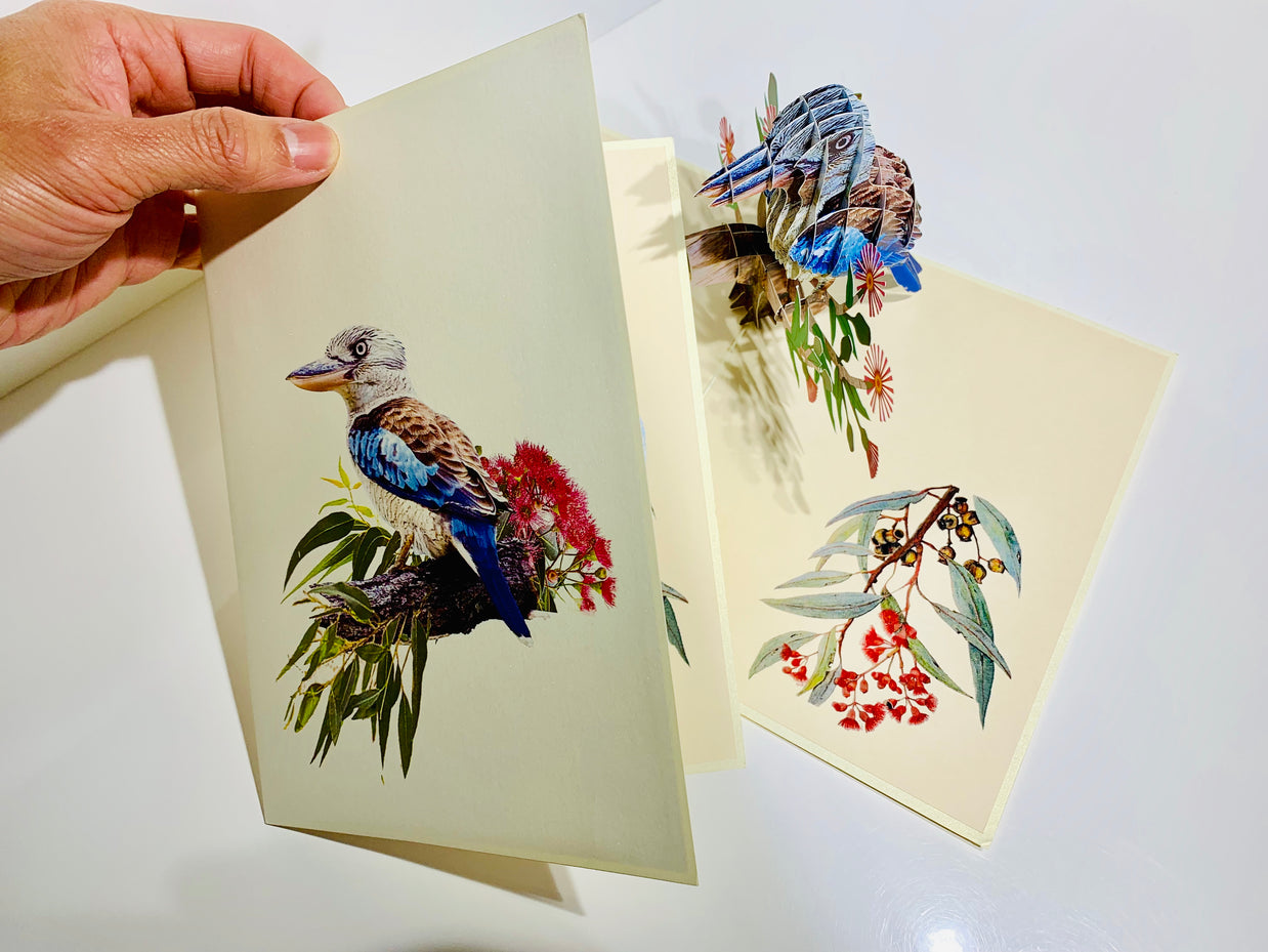 Laughing Kookaburra Australian Bird with Native Pink Gumnut Blossom Wildflower Origami Pop Cards 3D Pop Up Greeting Card Happy Birthday Thank You Handmade Gift Thinking of You Blank Card for Any Occasion Happy Mother's Day Happy Father's Australiana