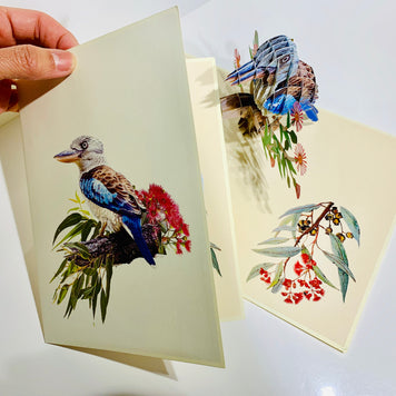Laughing Kookaburra Australian Bird with Native Pink Gumnut Blossom Wildflower Origami Pop Cards 3D Pop Up Greeting Card Happy Birthday Thank You Handmade Gift Thinking of You Blank Card for Any Occasion Happy Mother's Day Happy Father's Australiana