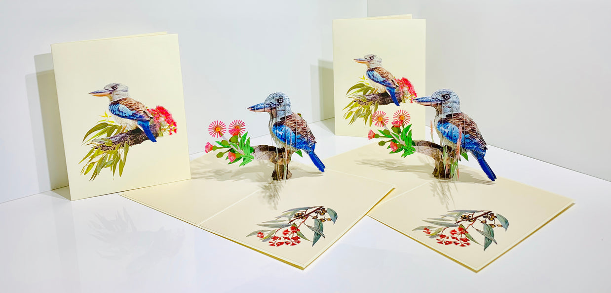 Laughing Kookaburra Australian Bird with Native Pink Gumnut Blossom Wildflower Origami Pop Cards 3D Pop Up Greeting Card Happy Birthday Thank You Handmade Gift Thinking of You Blank Card for Any Occasion Happy Mother's Day Happy Father's Australiana