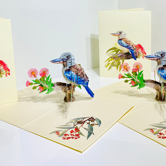 Laughing Kookaburra Australian Bird with Native Pink Gumnut Blossom Wildflower Origami Pop Cards 3D Pop Up Greeting Card Happy Birthday Thank You Handmade Gift Thinking of You Blank Card for Any Occasion Happy Mother's Day Happy Father's Australiana