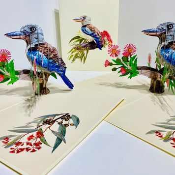 Laughing Kookaburra Australian Bird with Native Pink Gumnut Blossom Wildflower Origami Pop Cards 3D Pop Up Greeting Card Happy Birthday Thank You Handmade Gift Thinking of You Blank Card for Any Occasion Happy Mother's Day Happy Father's Australiana