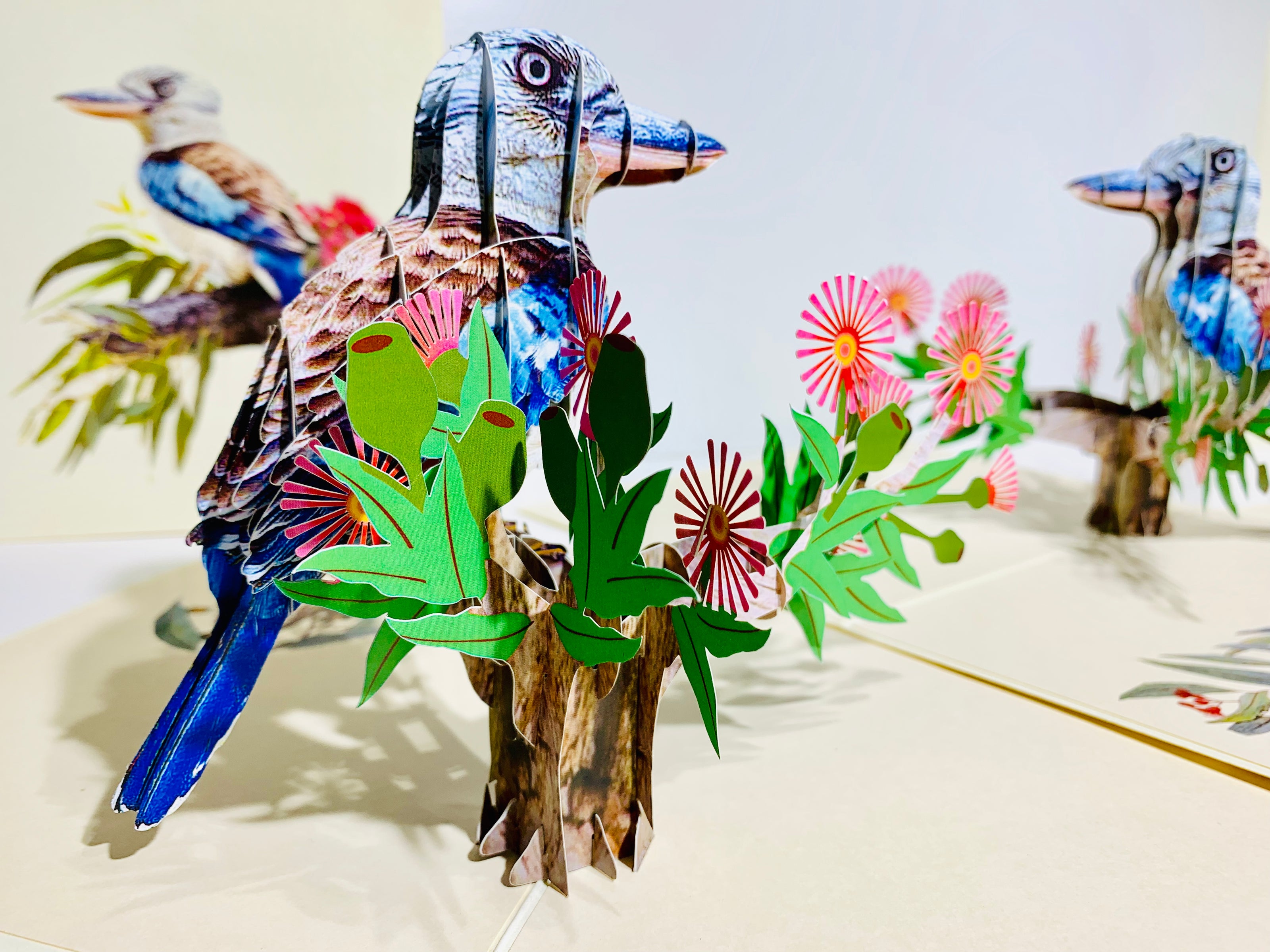 Laughing Kookaburra Australian Bird with Native Pink Gumnut Blossom Wildflower Origami Pop Cards 3D Pop Up Greeting Card Happy Birthday Thank You Handmade Gift Thinking of You Blank Card for Any Occasion Happy Mother's Day Happy Father's Australiana