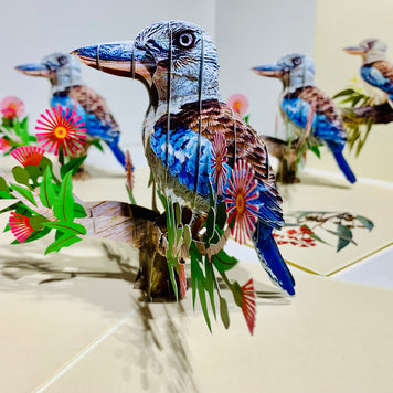 Laughing Kookaburra Australian Bird with Native Pink Gumnut Blossom Wildflower Origami Pop Cards 3D Pop Up Greeting Card Happy Birthday Thank You Handmade Gift Thinking of You Blank Card for Any Occasion Happy Mother's Day Happy Father's Australiana