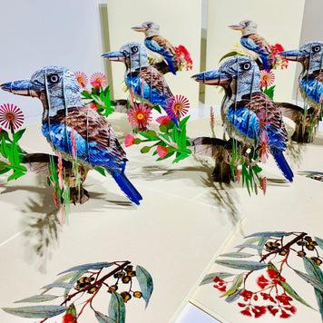 Laughing Kookaburra Australian Bird with Native Pink Gumnut Blossom Wildflower Origami Pop Cards 3D Pop Up Greeting Card Happy Birthday Thank You Handmade Gift Thinking of You Blank Card for Any Occasion Happy Mother's Day Happy Father's Australiana
