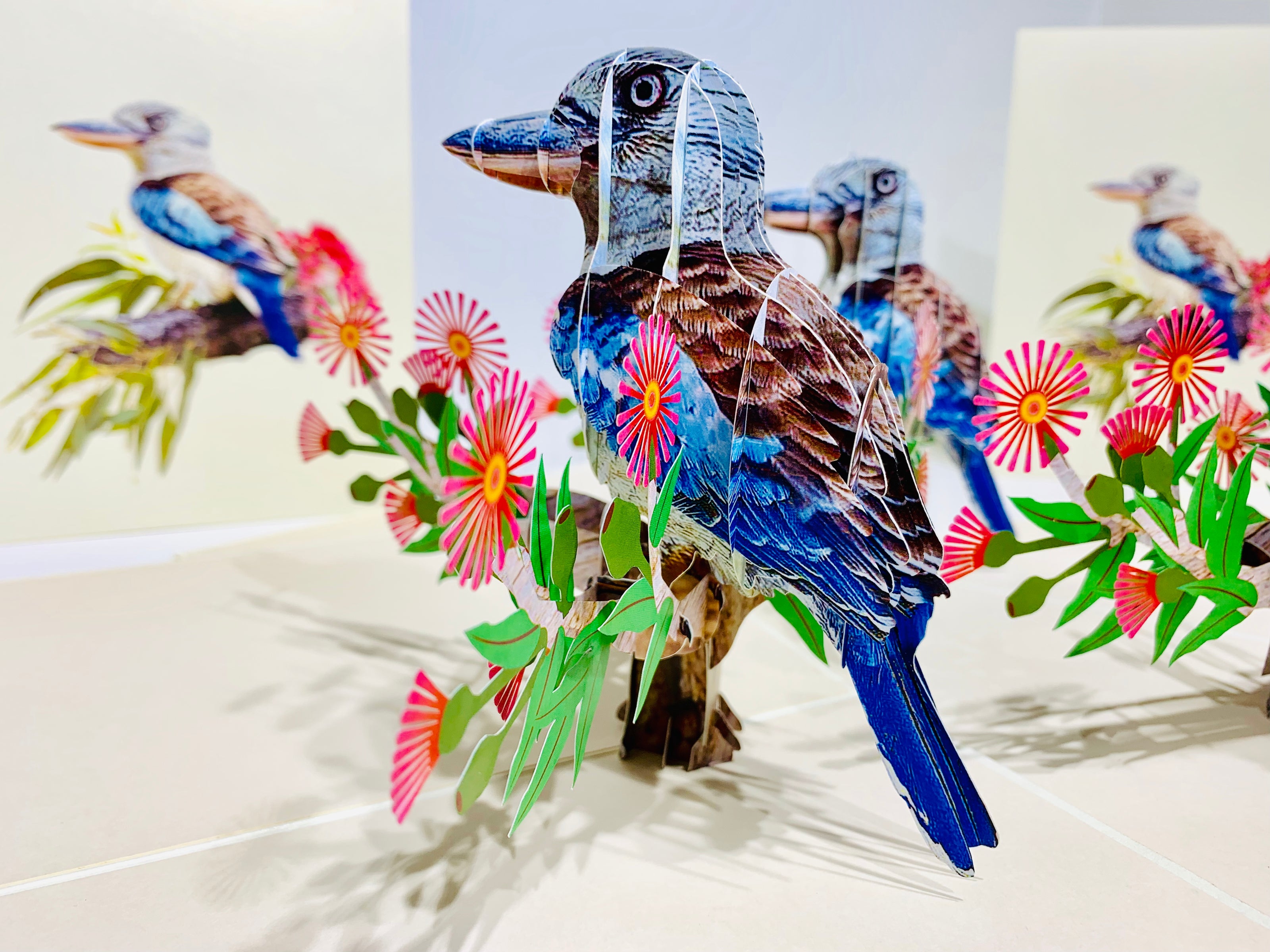 Laughing Kookaburra Australian Bird with Native Pink Gumnut Blossom Wildflower Origami Pop Cards 3D Pop Up Greeting Card Happy Birthday Thank You Handmade Gift Thinking of You Blank Card for Any Occasion Happy Mother's Day Happy Father's Australiana