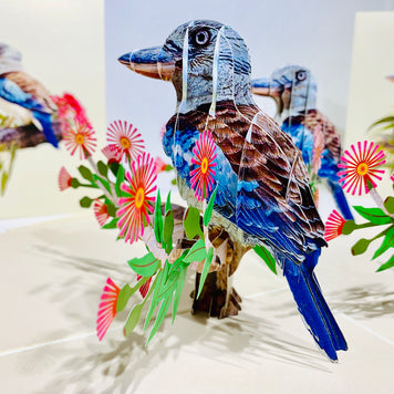 Laughing Kookaburra Australian Bird with Native Pink Gumnut Blossom Wildflower Origami Pop Cards 3D Pop Up Greeting Card Happy Birthday Thank You Handmade Gift Thinking of You Blank Card for Any Occasion Happy Mother's Day Happy Father's Australiana