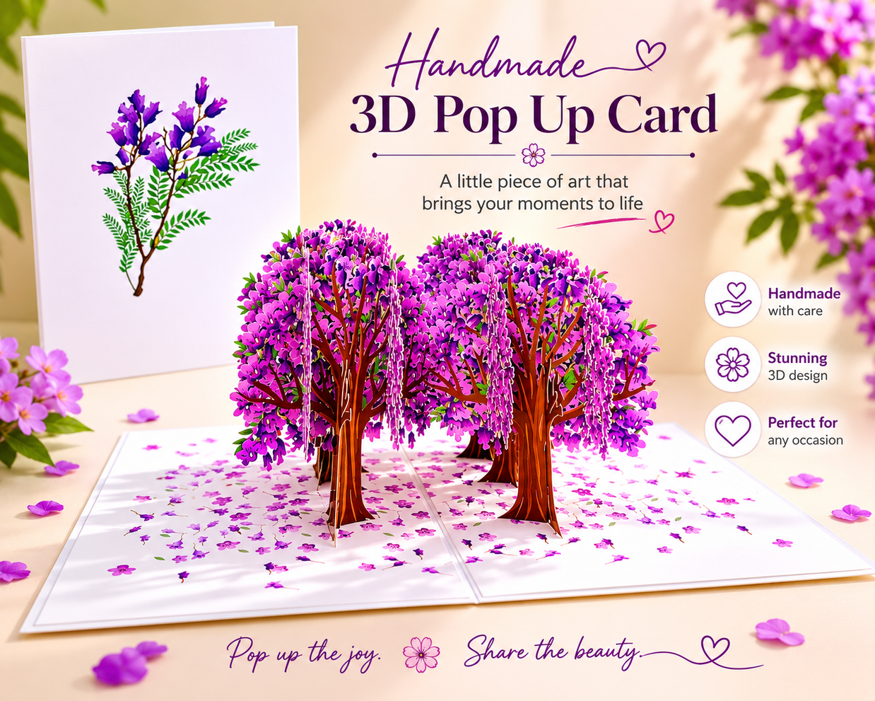 Jacaranda Forest - Full Bloom of Purple Jacaranda Trees 3D POP UP GREETING CARD - Created by Origami Pop Cards Australian Design & Handmade 3D Pop Up Magical Paper Cards, Handmade Pop Up Cards Happy Valentine's Day Celebrate Love Heart Fell and Romantic