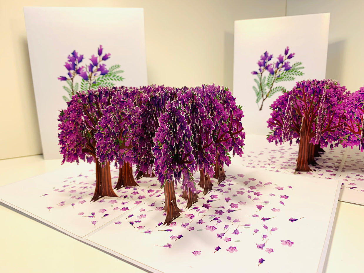 Jacaranda Forest - Full Bloom of Purple Jacaranda Trees 3D POP UP GREETING CARD - Created by Origami Pop Cards Australian Design & Handmade 3D Pop Up Magical Paper Cards, Handmade Pop Up Cards Happy Valentine's Day Celebrate Love Heart Fell and Romantic