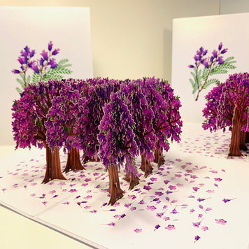 Jacaranda Forest - Full Bloom of Purple Jacaranda Trees 3D POP UP GREETING CARD - Created by Origami Pop Cards Australian Design & Handmade 3D Pop Up Magical Paper Cards, Handmade Pop Up Cards Happy Valentine's Day Celebrate Love Heart Fell and Romantic