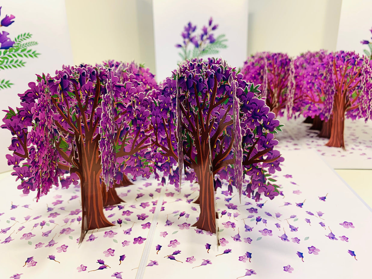 Jacaranda Forest - Full Bloom of Purple Jacaranda Trees 3D POP UP GREETING CARD - Created by Origami Pop Cards Australian Design & Handmade 3D Pop Up Magical Paper Cards, Handmade Pop Up Cards Happy Valentine's Day Celebrate Love Heart Fell and Romantic