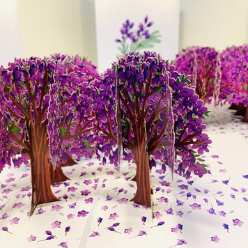 Jacaranda Forest - Full Bloom of Purple Jacaranda Trees 3D POP UP GREETING CARD - Created by Origami Pop Cards Australian Design & Handmade 3D Pop Up Magical Paper Cards, Handmade Pop Up Cards Happy Valentine's Day Celebrate Love Heart Fell and Romantic