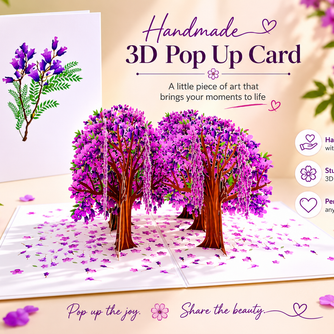 Jacaranda Forest - Full Bloom of Purple Jacaranda Trees 3D POP UP GREETING CARD - Created by Origami Pop Cards Australian Design & Handmade 3D Pop Up Magical Paper Cards, Handmade Pop Up Cards Happy Valentine's Day Celebrate Love Heart Fell and Romantic
