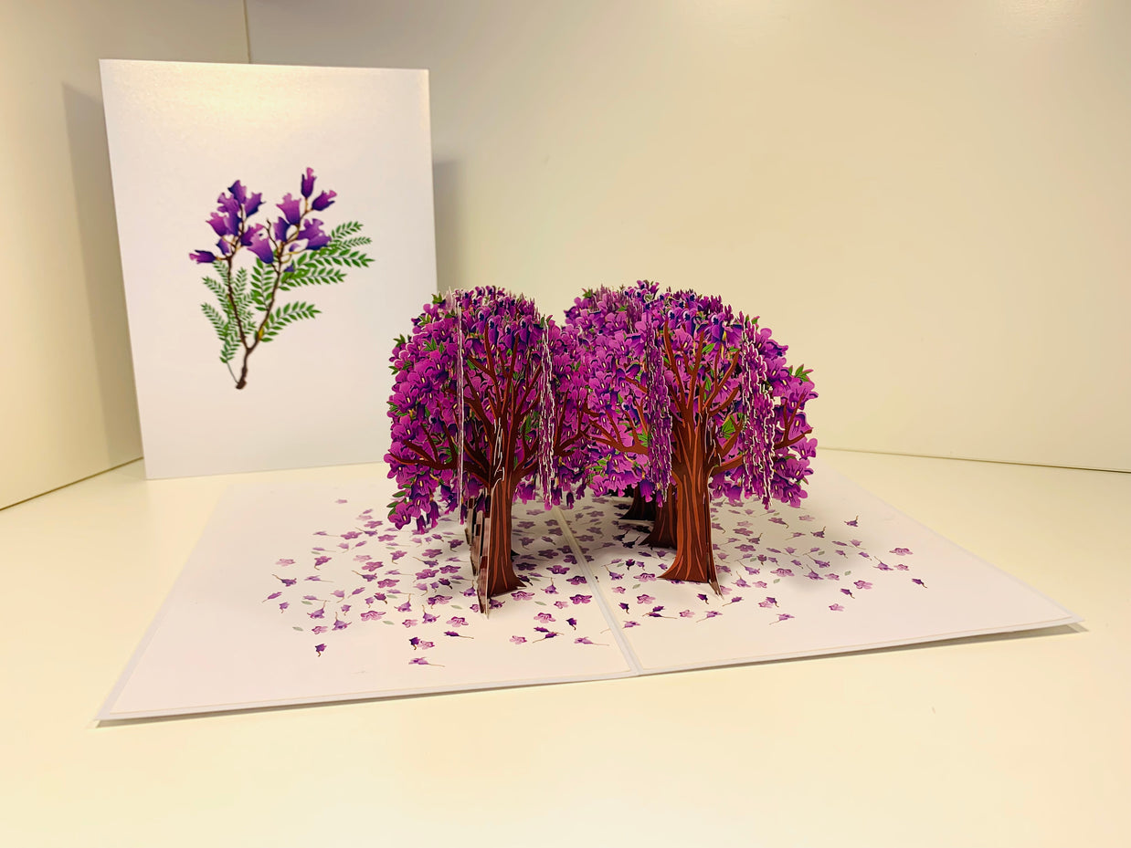 Jacaranda Forest - Full Bloom of Purple Jacaranda Trees 3D POP UP GREETING CARD - Created by Origami Pop Cards Australian Design & Handmade 3D Pop Up Magical Paper Cards, Handmade Pop Up Cards Happy Valentine's Day Celebrate Love Heart Fell and Romantic