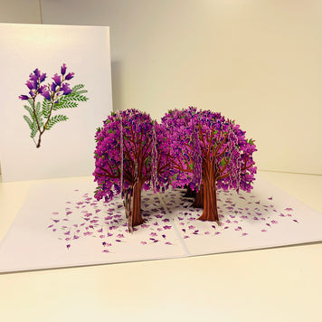 Jacaranda Forest - Full Bloom of Purple Jacaranda Trees 3D POP UP GREETING CARD - Created by Origami Pop Cards Australian Design & Handmade 3D Pop Up Magical Paper Cards, Handmade Pop Up Cards Happy Valentine's Day Celebrate Love Heart Fell and Romantic