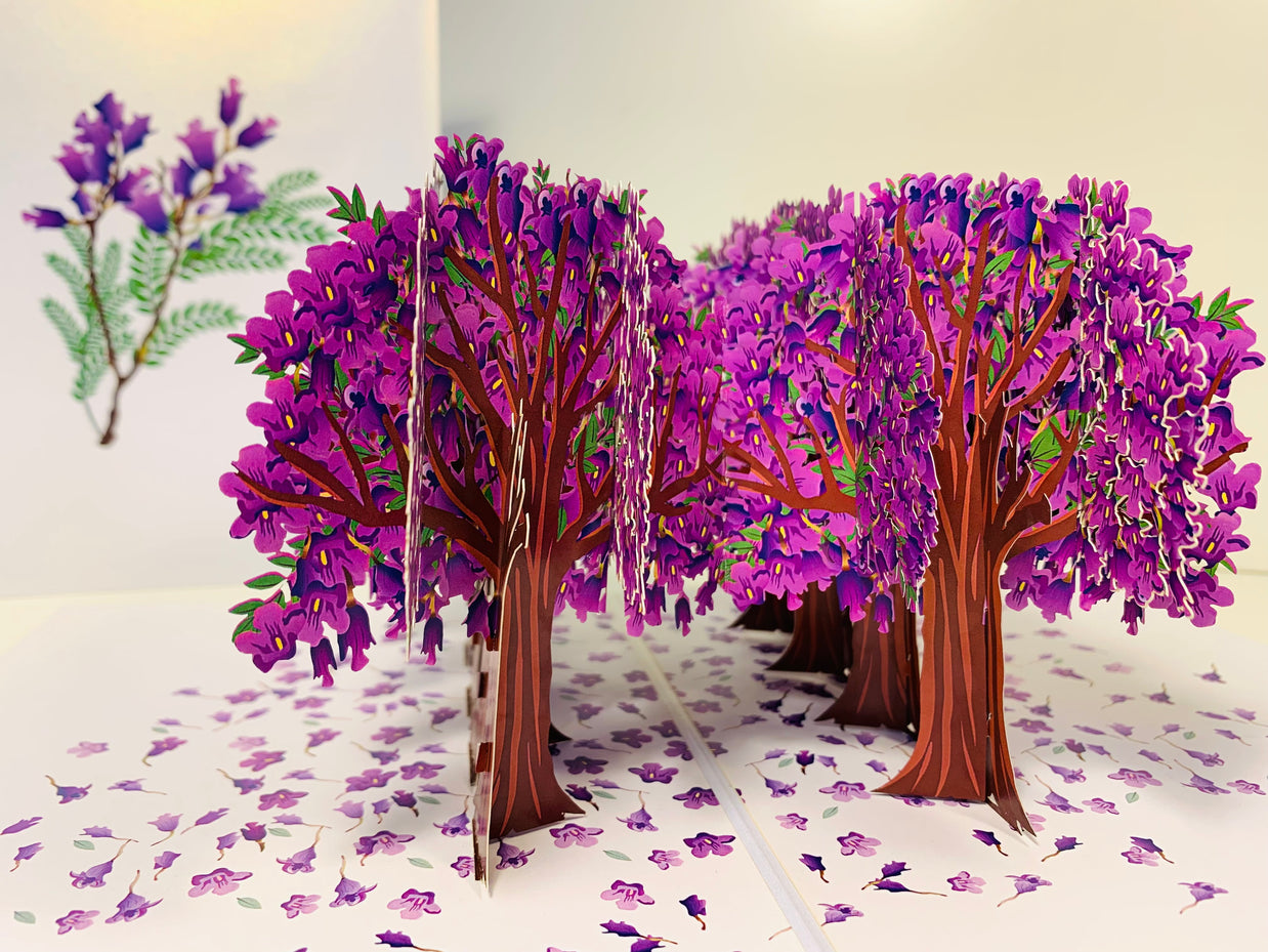 Jacaranda Forest - Full Bloom of Purple Jacaranda Trees 3D POP UP GREETING CARD - Created by Origami Pop Cards Australian Design & Handmade 3D Pop Up Magical Paper Cards, Handmade Pop Up Cards Happy Valentine's Day Celebrate Love Heart Fell and Romantic