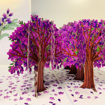 Jacaranda Forest - Full Bloom of Purple Jacaranda Trees 3D POP UP GREETING CARD - Created by Origami Pop Cards Australian Design & Handmade 3D Pop Up Magical Paper Cards, Handmade Pop Up Cards Happy Valentine's Day Celebrate Love Heart Fell and Romantic
