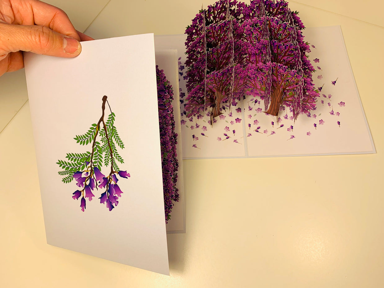 Jacaranda Forest - Full Bloom of Purple Jacaranda Trees 3D POP UP GREETING CARD - Created by Origami Pop Cards Australian Design & Handmade 3D Pop Up Magical Paper Cards, Handmade Pop Up Cards Happy Valentine's Day Celebrate Love Heart Fell and Romantic