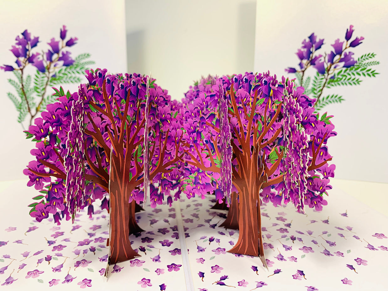 Jacaranda Forest - Full Bloom of Purple Jacaranda Trees 3D POP UP GREETING CARD - Created by Origami Pop Cards Australian Design & Handmade 3D Pop Up Magical Paper Cards, Handmade Pop Up Cards Happy Valentine's Day Celebrate Love Heart Fell and Romantic