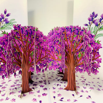 Jacaranda Forest - Full Bloom of Purple Jacaranda Trees 3D POP UP GREETING CARD - Created by Origami Pop Cards Australian Design & Handmade 3D Pop Up Magical Paper Cards, Handmade Pop Up Cards Happy Valentine's Day Celebrate Love Heart Fell and Romantic