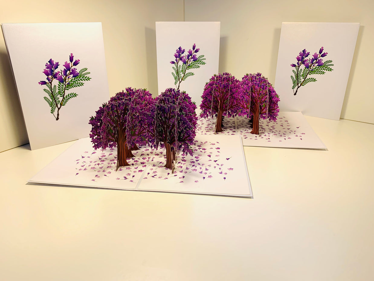 Jacaranda Forest - Full Bloom of Purple Jacaranda Trees 3D POP UP GREETING CARD - Created by Origami Pop Cards Australian Design & Handmade 3D Pop Up Magical Paper Cards, Handmade Pop Up Cards Happy Valentine's Day Celebrate Love Heart Fell and Romantic