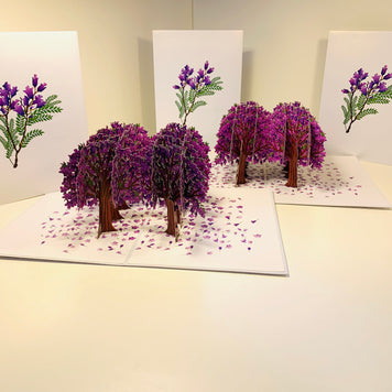 Jacaranda Forest - Full Bloom of Purple Jacaranda Trees 3D POP UP GREETING CARD - Created by Origami Pop Cards Australian Design & Handmade 3D Pop Up Magical Paper Cards, Handmade Pop Up Cards Happy Valentine's Day Celebrate Love Heart Fell and Romantic