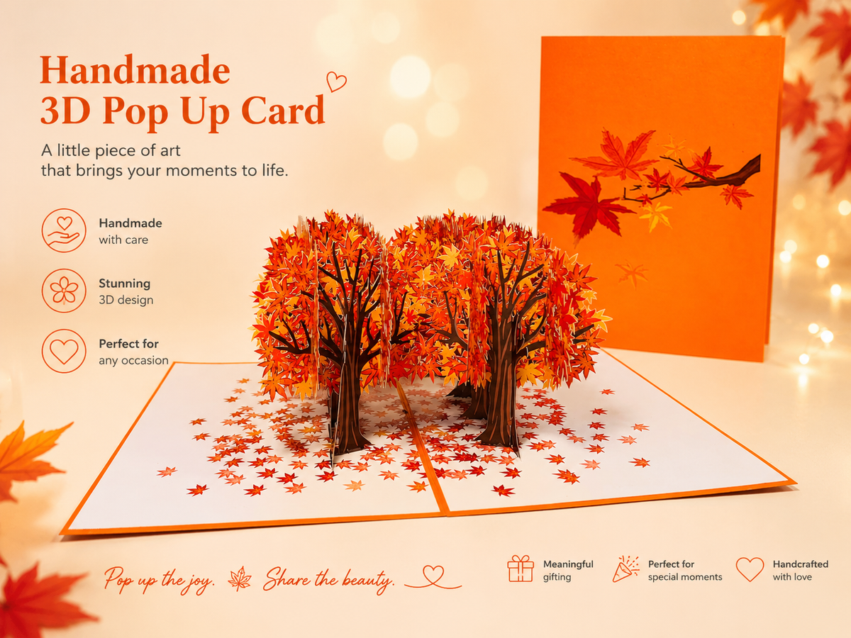 Japanese Maple Forest in Fall - Autumn Foliage 3D POP UP GREETING CARD - Created by Origami Pop Cards Australian Design & Handmade 3D Pop Up Magical Paper Cards, Handmade Pop Up Cards Happy Valentine's Day Celebrate Love Heart Fell and Romantic