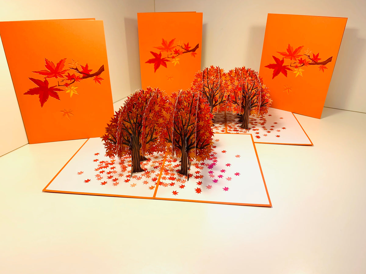 Japanese Maple Forest in Fall - Autumn Foliage 3D POP UP GREETING CARD - Created by Origami Pop Cards Australian Design & Handmade 3D Pop Up Magical Paper Cards, Handmade Pop Up Cards Happy Valentine's Day Celebrate Love Heart Fell and Romantic