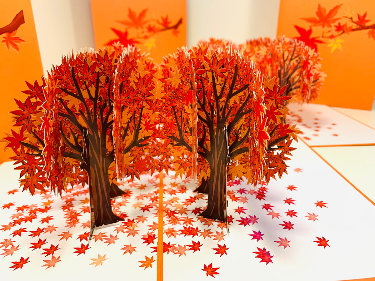 Japanese Maple Forest in Fall - Autumn Foliage 3D POP UP GREETING CARD - Created by Origami Pop Cards Australian Design & Handmade 3D Pop Up Magical Paper Cards, Handmade Pop Up Cards Happy Valentine's Day Celebrate Love Heart Fell and Romantic